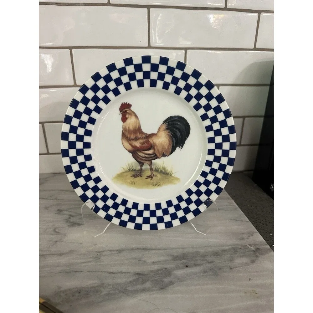 Williams Sonoma ROOSTER Blue White Check Checker Golden Brown 8.25